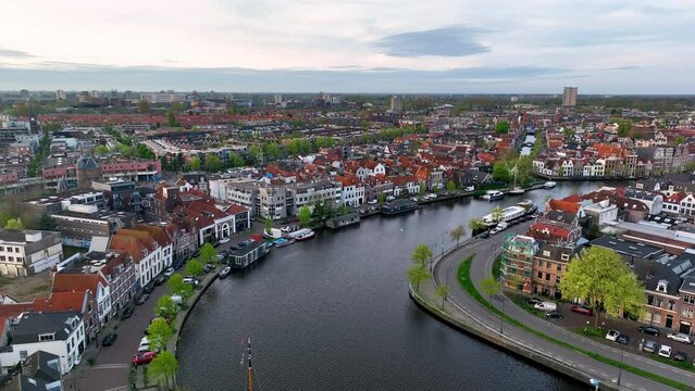 Aerial view on a small town Haarlem, Netherlands. Filming from the air with a drone at Dutch