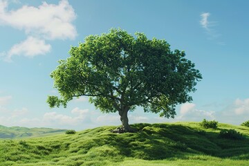 Obraz premium Green tree on green field on blue sky background