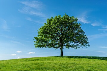 Fototapeta premium Green tree on green field on blue sky background