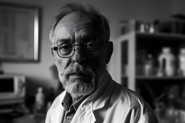 Thoughtful Scientist in Black and White Portrait Exuding Intellectual Curiosity and Thirst for Discovery