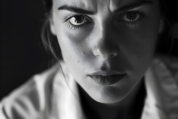 Fototapeta premium Intriguing Monochrome Portrait of a Scientist with a Lab Coat Filled with Curiosity and a Thirst for Knowledge