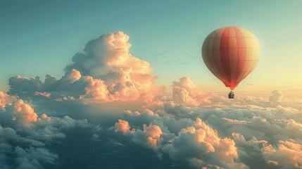 Fototapeta premium An artistic depiction of a red and white striped hot air balloon floating gracefully through a beautifully painted sky with dynamic clouds..