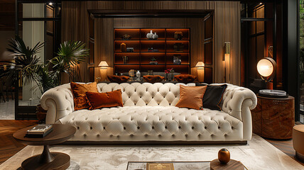 A plush white velvet sofa, inviting luxurious relaxation and comfort in a glamorous Hollywood-inspired lounge.