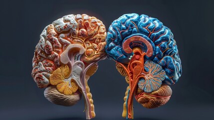 3D rendering image highlighting the differences and specialization of the left and right hemispheres of the brain, responsible for various cognitive functions - obrazy, fototapety, plakaty