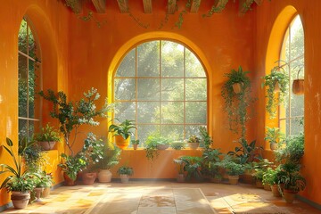 A sun-drenched living room with walls painted in a vibrant citrus color palette, overflowing with potted plants and sunlight streaming through large windows,