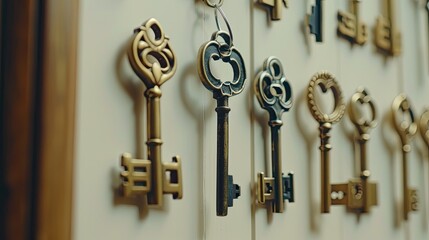 vintage brass keys, each boasting its own unique size and shape, adorned with intricate designs, meticulously arranged against a solid backdrop of white, gray, or dark hues.