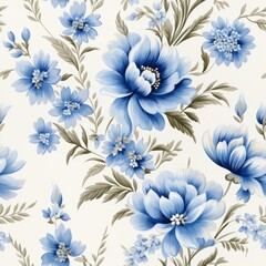 Elegant Blue Floral Pattern Featuring Beautiful Peonies and Cornflowers on a White Background, Perfect for Textile Design and Wallpaper. Delicate and Charming Seamless Vector Illustration.
