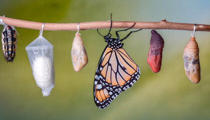 Amazing moment ,Large tropical butterfly hatch from the pupa and emerging with clipping path.  Concept transformation of Butterfly