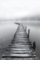 Serene Jetty Stretching into Mysterious Fog Shrouded Lake
