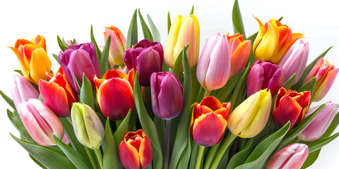 A bunch of colorful tulips isolated on white background. 