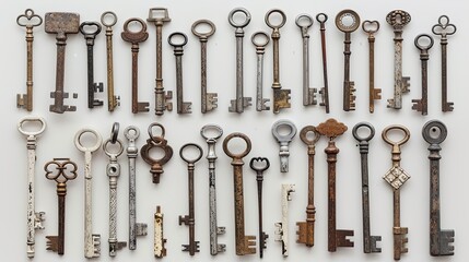 vintage brass keys, each boasting its own unique size and shape, adorned with intricate designs, meticulously arranged against a solid backdrop of white, gray, or dark hues.