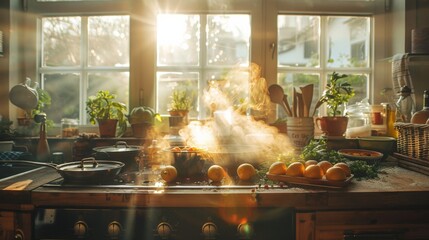 preparing breakfast in a cozy kitchen setting, with natural ingredients and morning sunlight