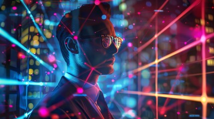 Holographic social media theme with a businessman using a computer in the background, representing the concept of the internet. hyper realistic 