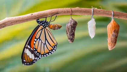 Amazing moment ,Large tropical butterfly hatch from the pupa and emerging with clipping path.  Concept transformation of Butterfly