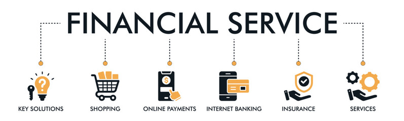 Vector illustration concept of financial services banner web icon with key solutions, shopping, online payments, internet banking, insurance, and service icons