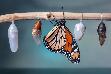 Amazing moment ,Large tropical butterfly hatch from the pupa and emerging with clipping path.  Concept transformation of Butterfly