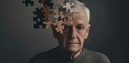 Obraz premium A doctor is placing puzzle pieces on the head of an older man. Alzheimer's concept