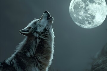 Lone Wolf Howling at the Luminous Gray Moon in the Nighttime Wilderness