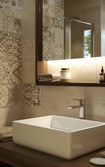 Modern beige bathroom with white sink