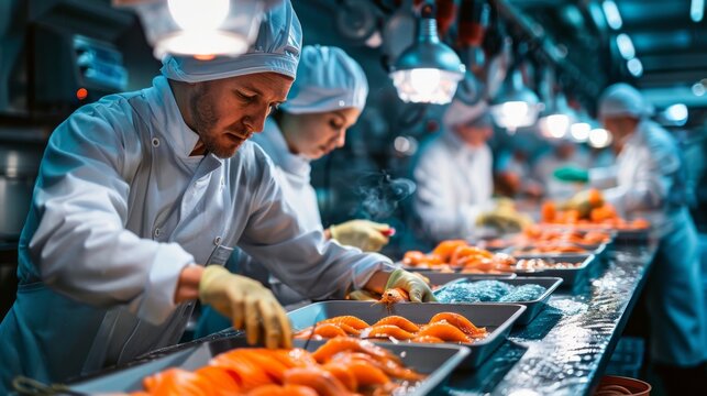 workers conducting thorough quality control checks on frozen seafood products to ensure compliance with export standards, highlighting attention to detail.