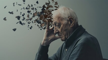 A doctor is placing puzzle pieces on the head of an older man. Alzheimer's concept, Memory loss due to dementia - obrazy, fototapety, plakaty