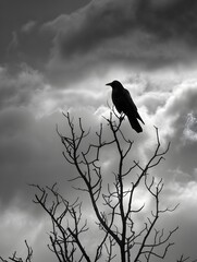 Fototapeta premium Solitary Crow Perched on Barren Tree Branch Against Dramatic Stormy Sky