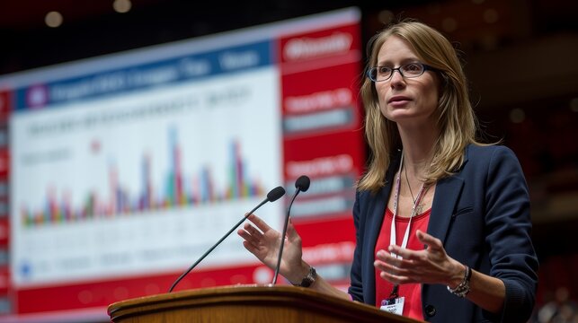 Confident writer giving captivating presentation with colorful slides to large audience