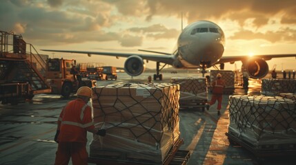workers carefully packaging and labeling cargo for international shipping by cargo plane, amidst the natural backdrop of an airport cargo terminal