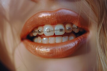 Young woman with modern braces on teeth, dental care concept