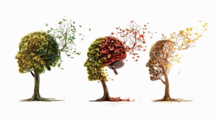 Three tree shapes like human heads, . Each of them symbolizes different stages of Alzheimer, Brain aging and memory loss due to Dementia and Alzheimer's disease