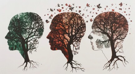 Three tree shapes like human heads, . Each of them symbolizes different stages of Alzheimer, Brain aging and memory loss due to Dementia and Alzheimer's disease