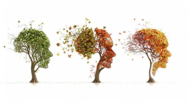 Three tree shapes like human heads, . Each of them symbolizes different stages of Alzheimer, Brain aging and memory loss due to Dementia and Alzheimer's disease