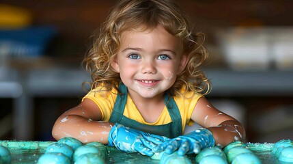 A cute girl in a green apron and blue gloves is washing dishes at home, smiling. The concept of children helping around the house as a family activity.