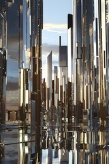 Obraz premium Futuristic Chrome Cityscape with Towering Mirrored Skyscrapers at Sunset