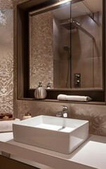 modern minimalistic interior of the bathroom with white sink, brown shelf and beige wall decorated by wallpaper in dark brown pattern.