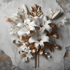 White lilies on a decorated white background with gold elements
