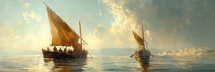 A painting of men on an old wooden boat with sails, sailing in the calm sea near a Greek island, with an ancient Greek shipwreck in the background, in the oil paint texture style