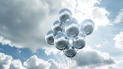Cluster of Silver Balloons Floating in a Cloudy Sky Evoking a Sense of Dreams and Whimsy