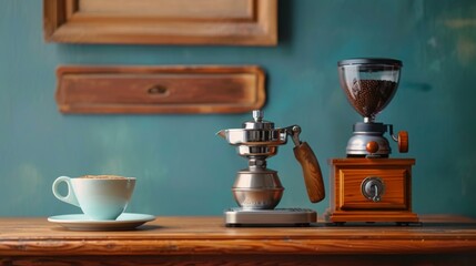 A barista-style coffee grinder and espresso cup, celebrating the art and ritual of coffee preparation