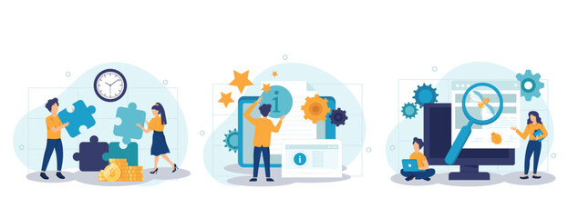 Customer experience abstract concept vector collection of scenes. Project delivery, beta testing, user guide, software development, new product launch, technical guide, helpdesk abstract metaphor