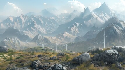 a mountain range, its rugged rocky peaks towering against the sky, adorned with white electric wind turbines atop, harnessing the power of the wind.