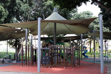 Items for games and sports on the playground in the city park.