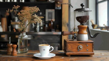 A barista-style coffee grinder and espresso cup, celebrating the art and ritual of coffee preparation