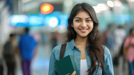 beautiful indian woman holding passport and smiling on airport background - Powered by Adobe