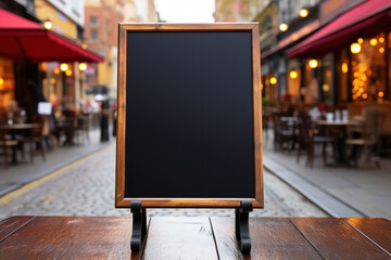 Blank blackboard near outdoor cozy cafe on table on street of city on blurry background. Mock up sign for menu text or information
