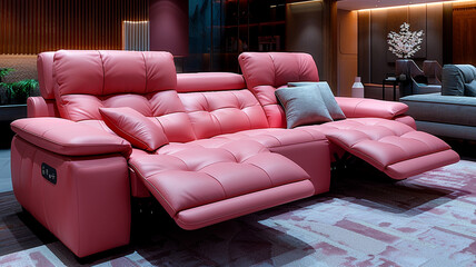 A sleek pink leather recliner sofa, offering both style and comfort for movie nights and relaxation in a modern home theater.