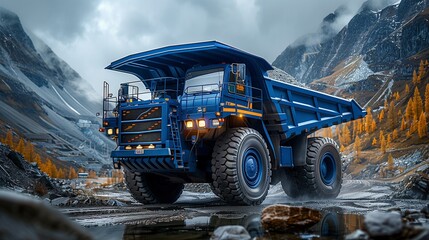 Royal blue dump truck at a quarry site, essential for material transport, copy space for text