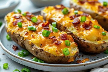 Close up three baked potatoes topped with bacon, green onions and cheddar cheese on white plate, delicious snack