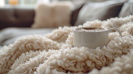 A fluffy throw blanket and mug of hot cocoa, inviting viewers to indulge in warmth and relaxation