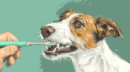 Owners brushes his dog's teeth. Pet oral hygiene. Vector illustration in hand draw style